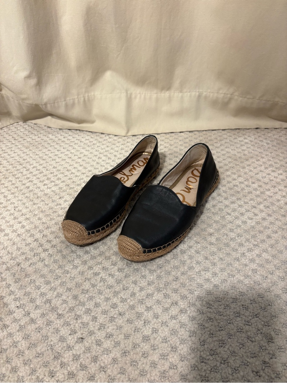 Sam Edelman Black Leather Espadrille Slip-Ons with Braided Tan Toe